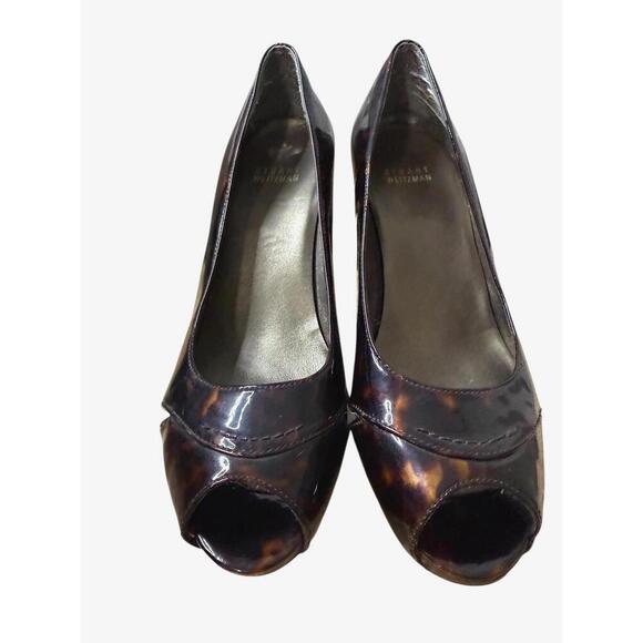 Stuart Weitzman Tortoise Shell Patent Leather Peep-Toe Pumps 8M Brown High Heels - Picture 3 of 7